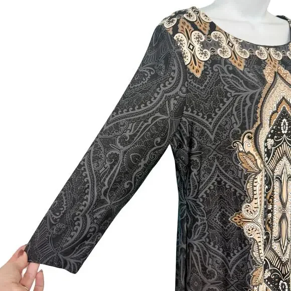 Charter Club Gray Brown Cream Filigree 3/4 Sleeve Sheath Dress Petite size L PL - Picture 6 of 9